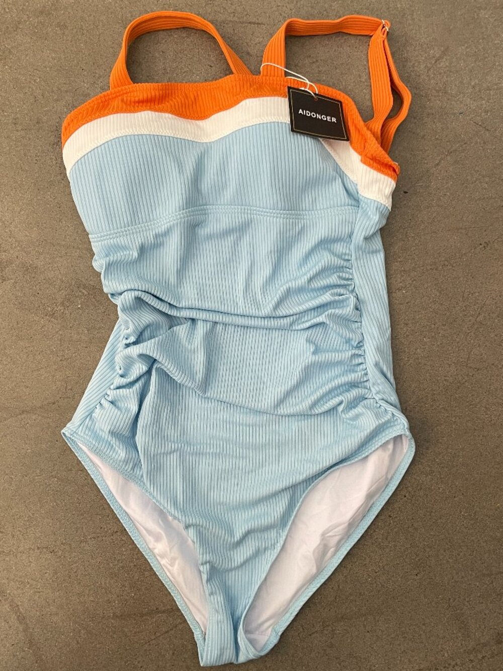 Aidonger NWT One Piece Swimsuit Small Ribbed Colorblock Blue with Orange Strap
